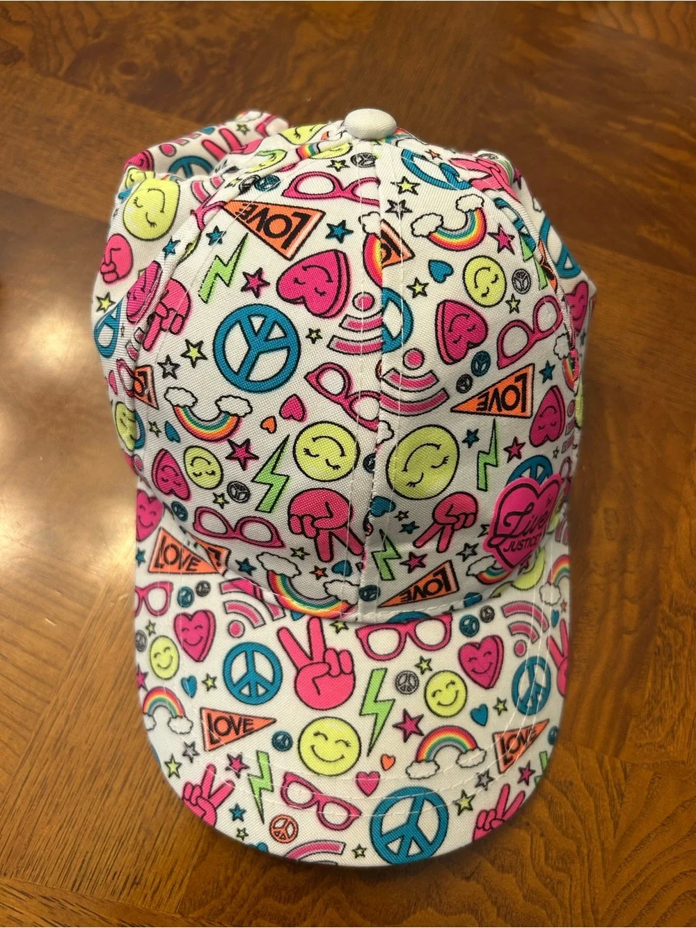 Justice Girls White Hat with Pink, Blue, Yellow & Green Icons